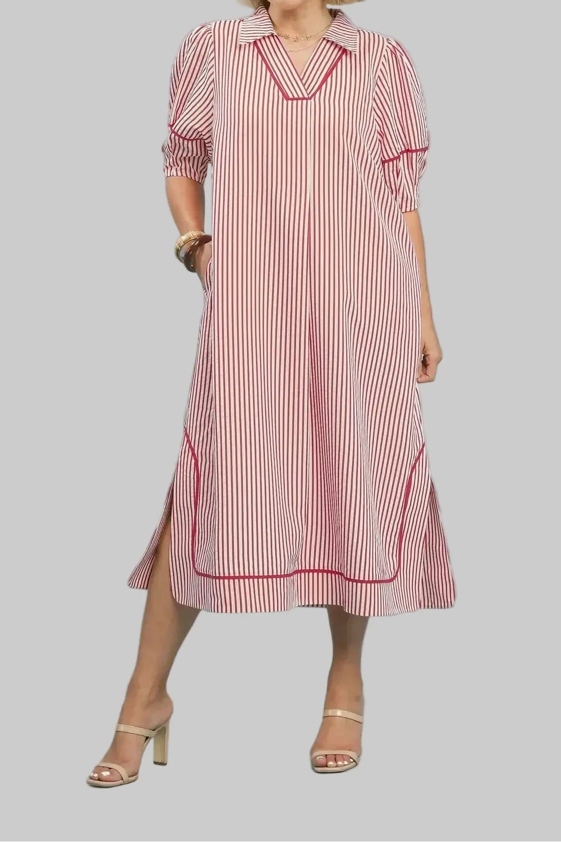Vestido midi frambuesa de rayas Striped Expectations blanco