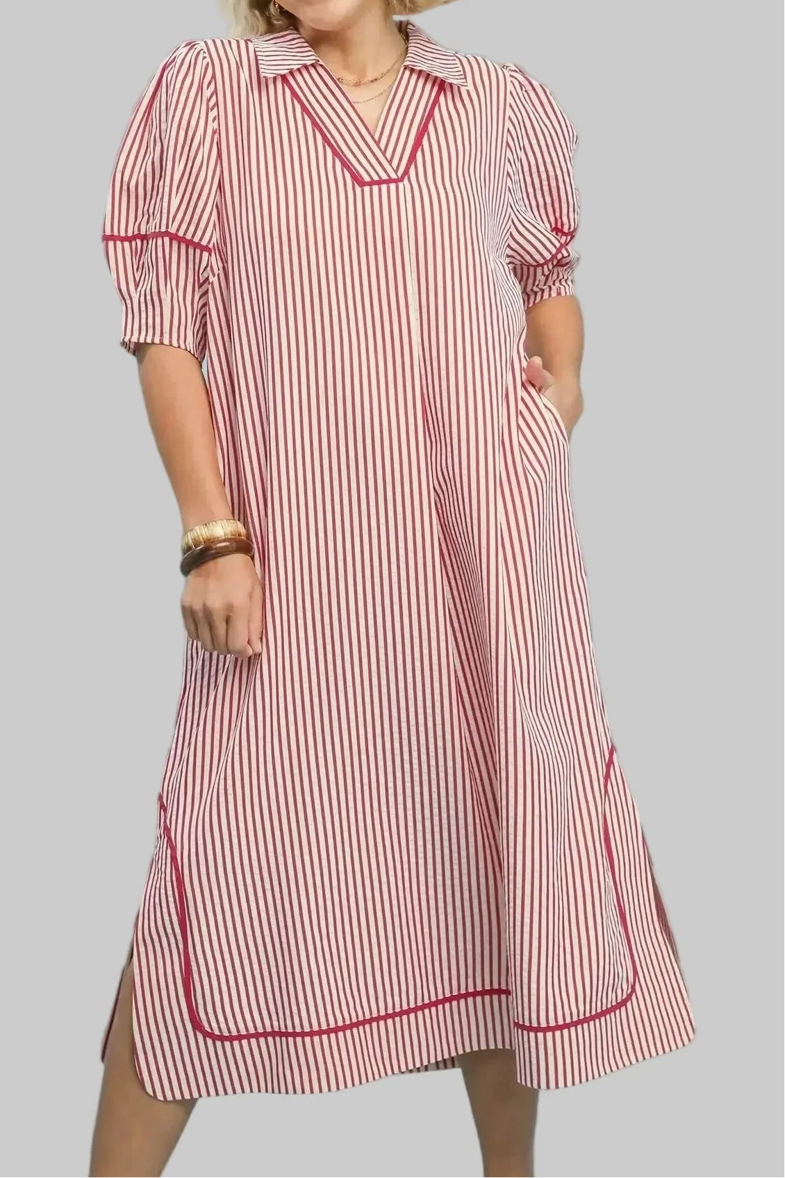 Vestido midi frambuesa de rayas Striped Expectations blanco