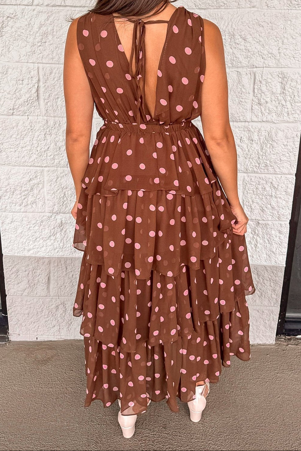 Vestido maxi marrón de lunares Delightful Dots rojo