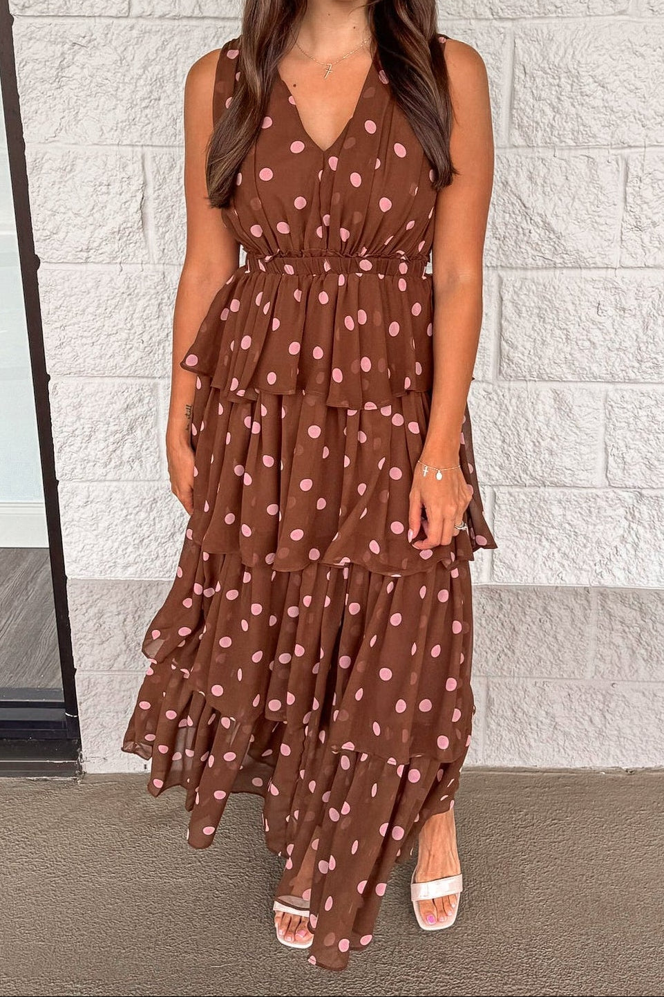 Vestido maxi marrón de lunares Delightful Dots rojo