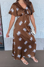 Vestido midi marrón de satén Willow Bloom azul