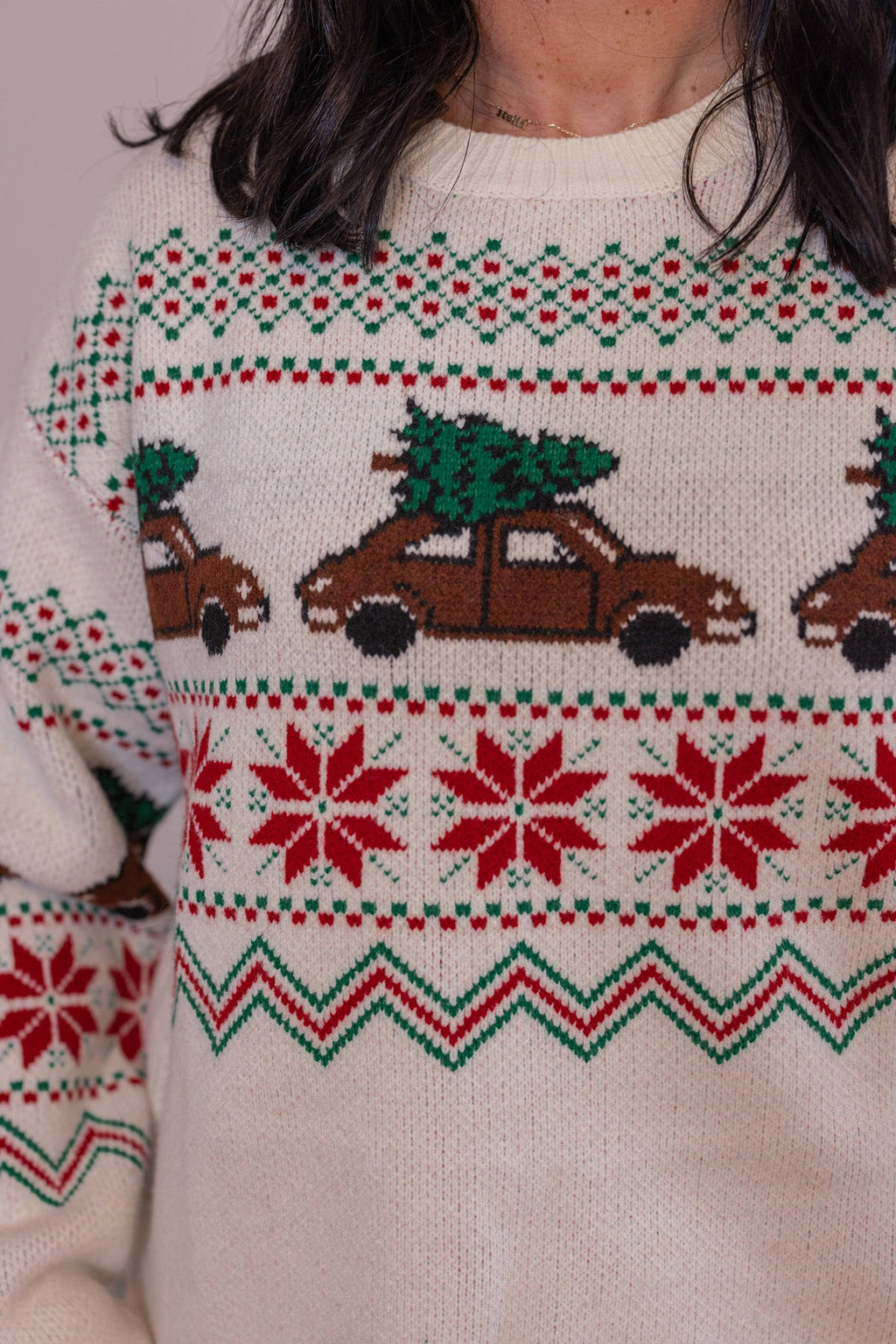 Jersey Fair Isle de coche con árbol de Navidad rojo