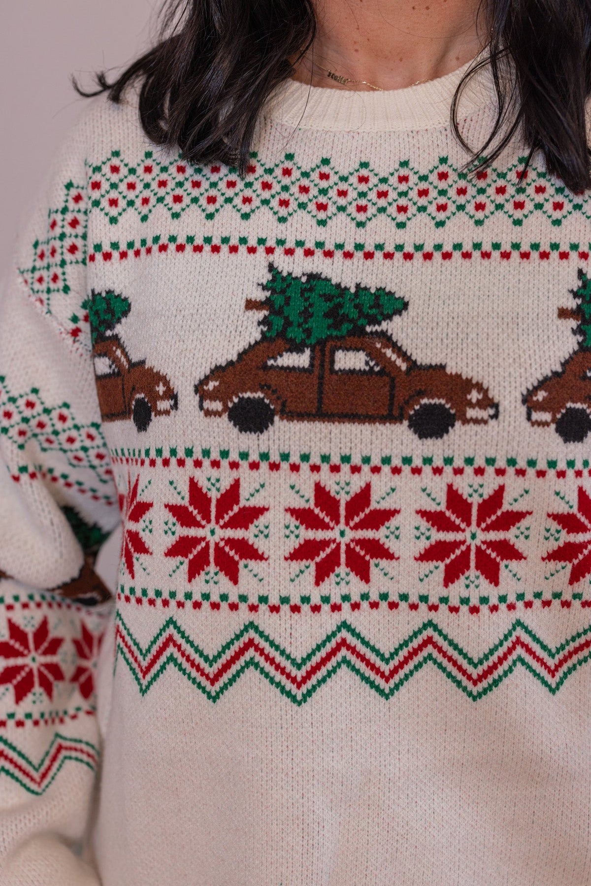 Jersey Fair Isle de coche con árbol de Navidad rojo