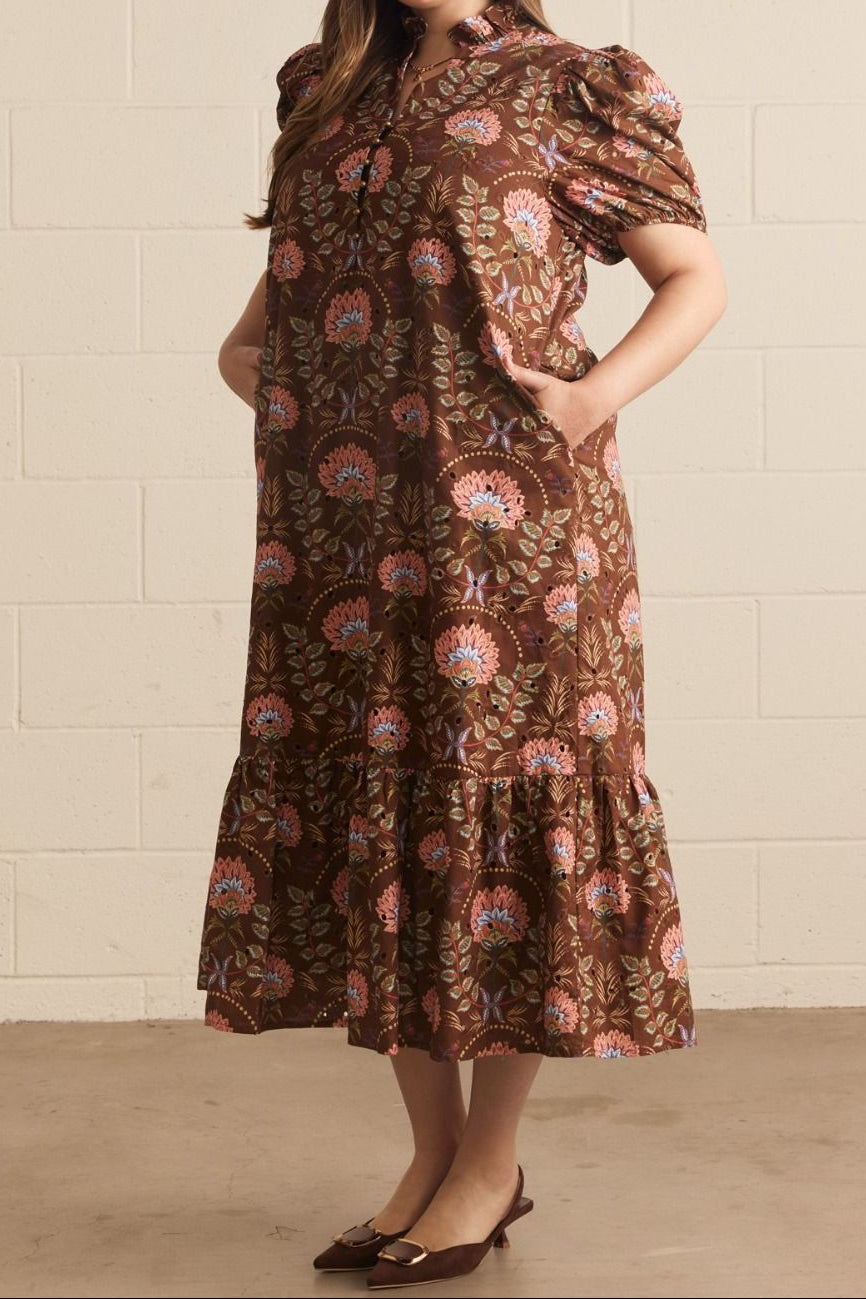 Vestido midi floral marrón calado Autumn Florals rojo