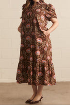 Vestido midi floral marrón calado Autumn Florals rojo