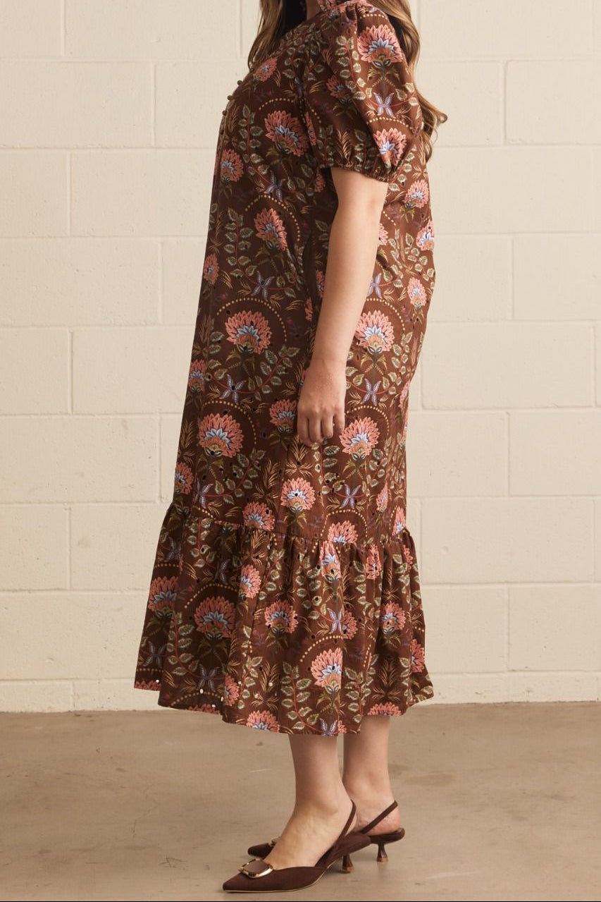 Vestido midi floral marrón calado Autumn Florals rojo