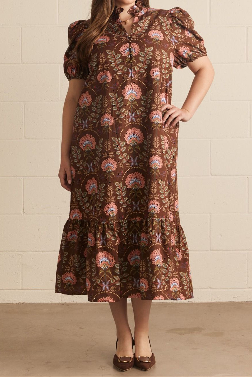 Vestido midi floral marrón calado Autumn Florals rojo
