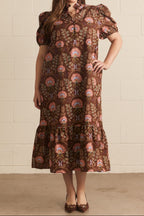 Vestido midi floral marrón calado Autumn Florals rojo