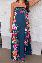 Vestido maxi azul marino de satén Botanical Border