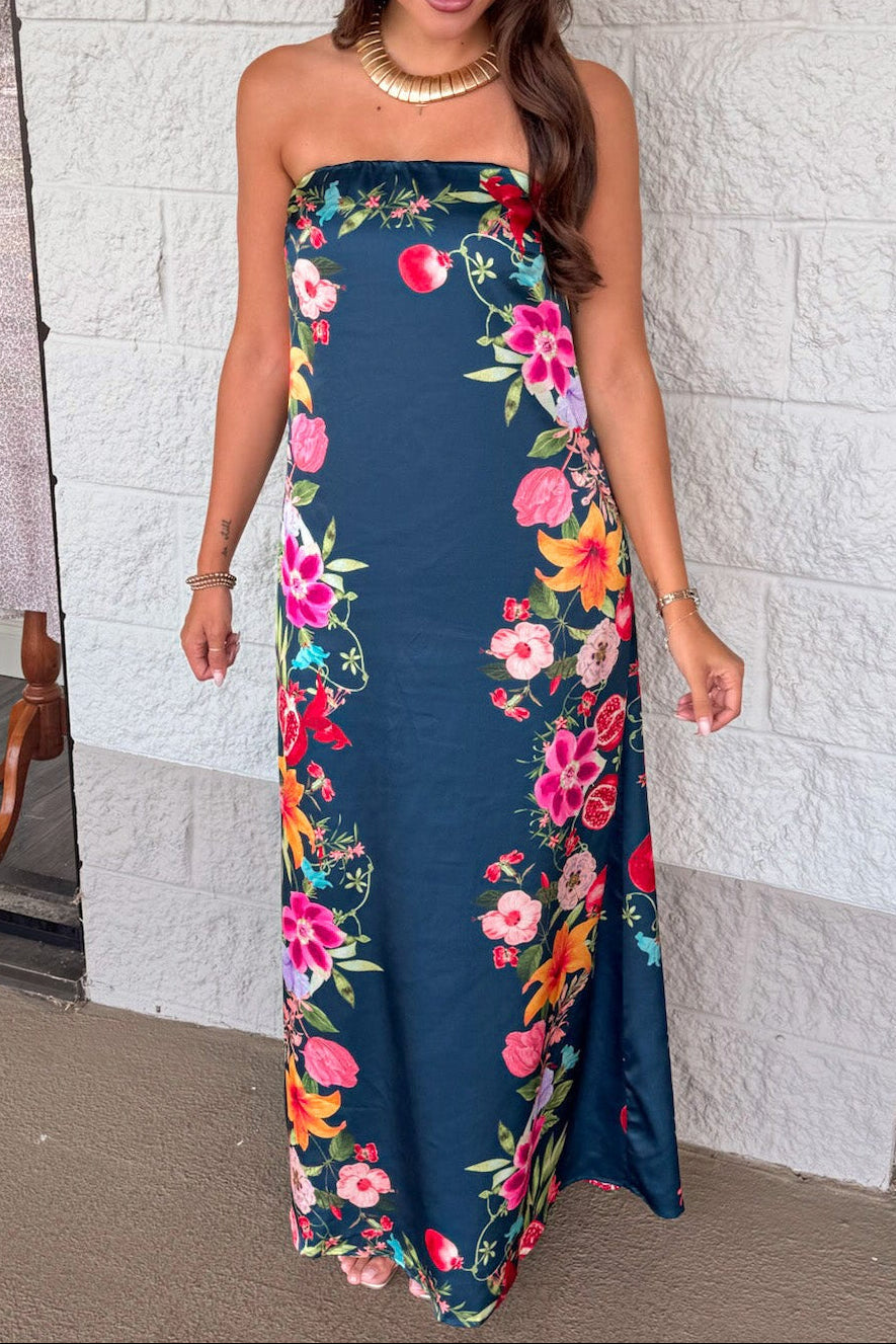 Vestido maxi azul marino de satén Botanical Border