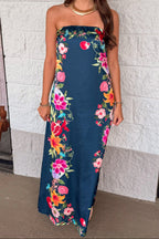 Vestido maxi azul marino de satén Botanical Border