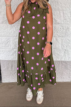 Vestido midi verde oliva con lunares rosas rojo