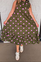Vestido midi verde oliva con lunares rosas rojo