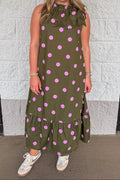 Vestido midi verde oliva con lunares rosas rojo
