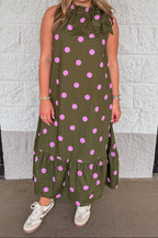 Vestido midi verde oliva con lunares rosas rojo