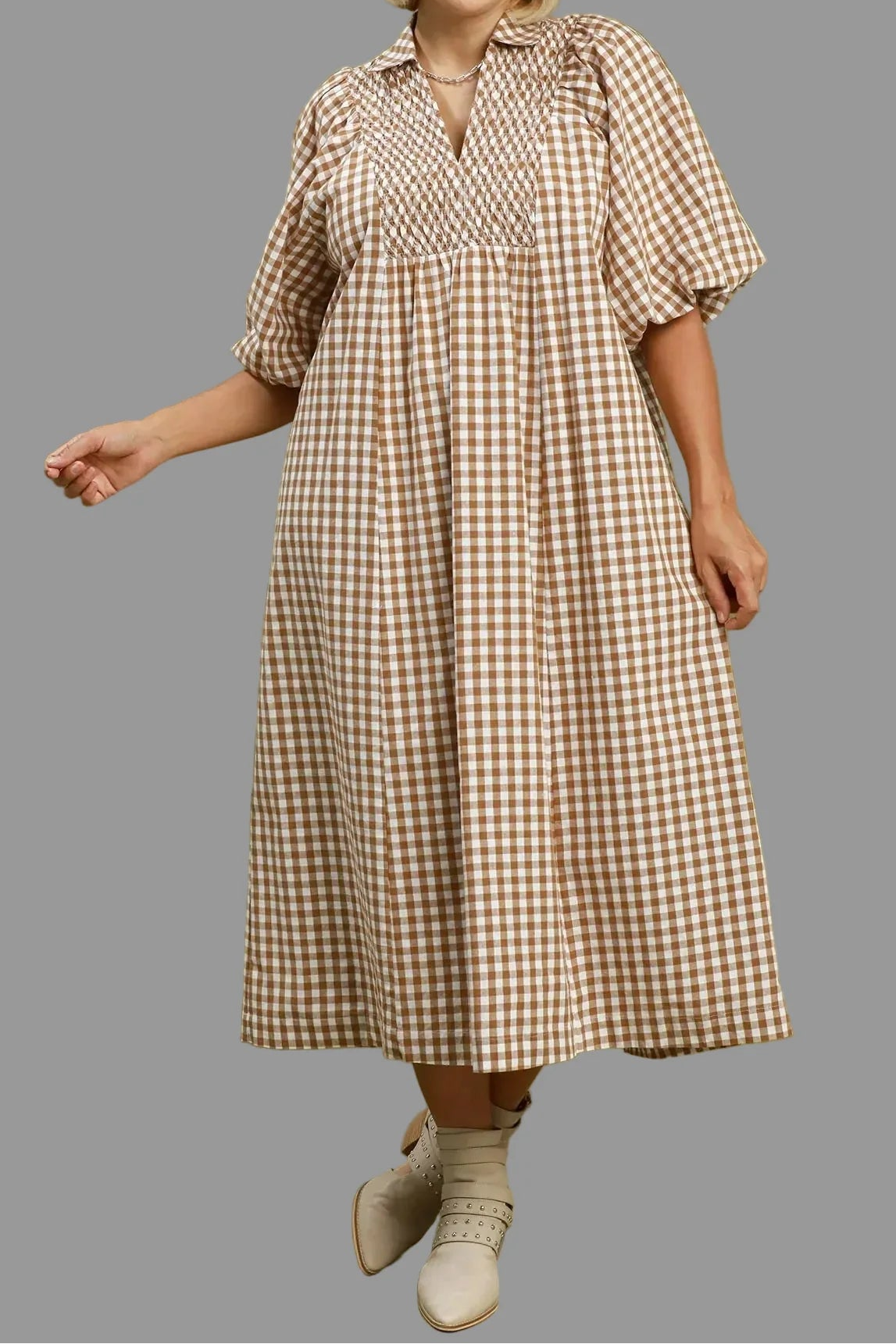 Vestido midi caramelo de cuadros One Wish blanco