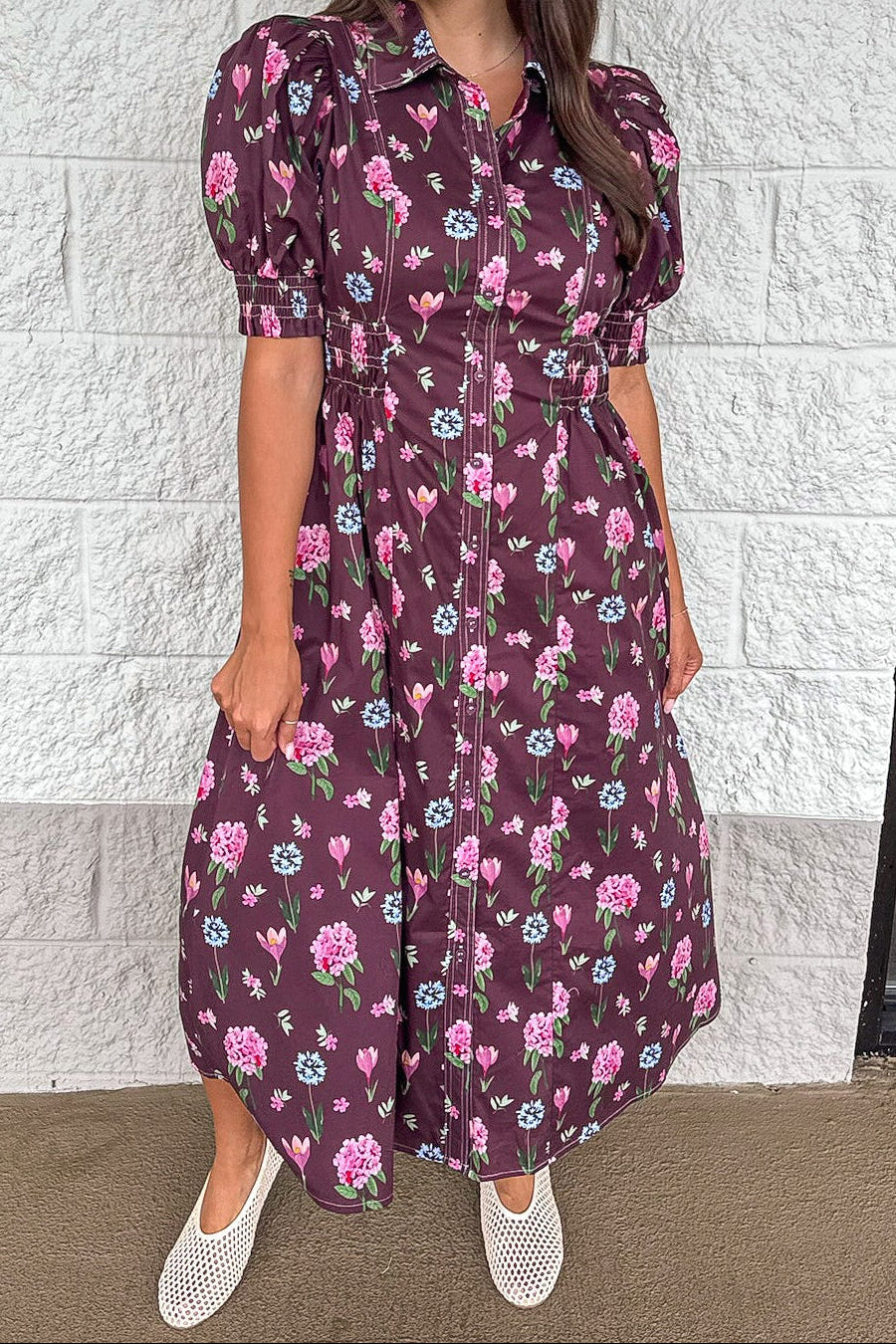 Vestido midi floral berenjena Blooming Belle rojo