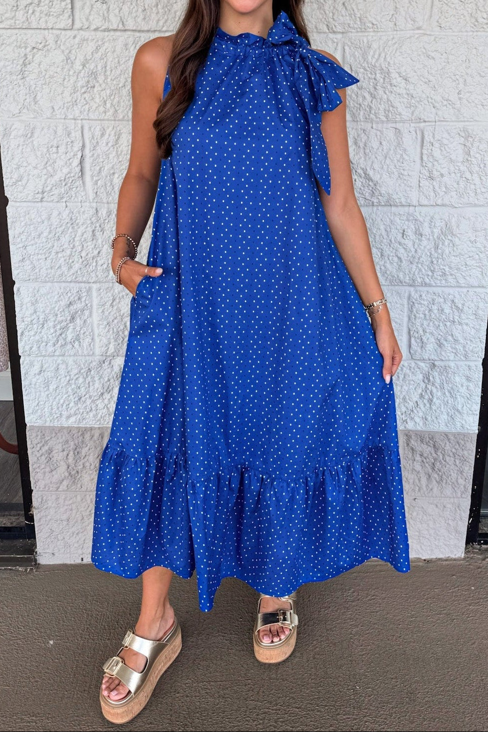 Vestido midi azul Dotted Delight blanco