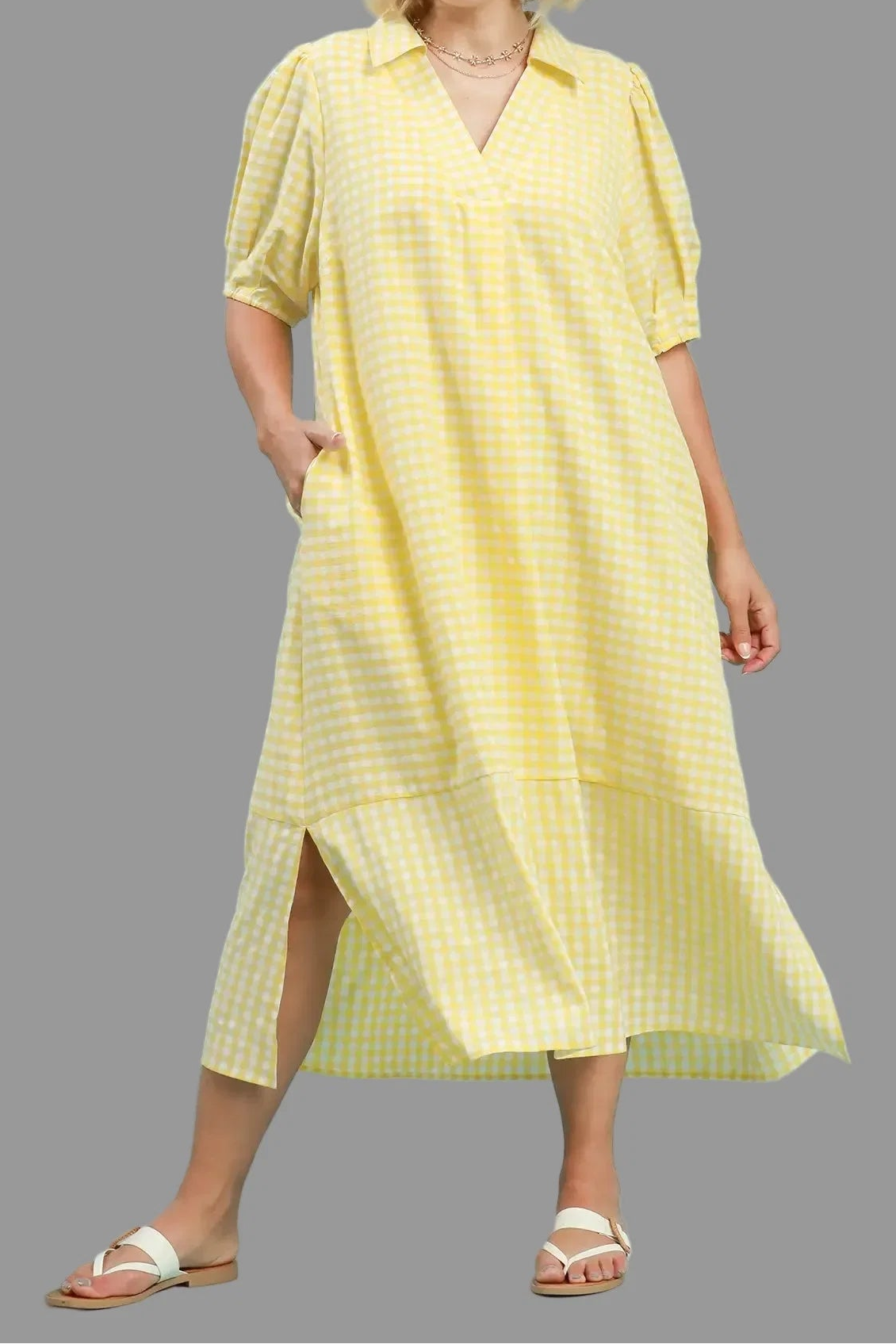 Vestido midi amarillo limón de cuadros Staple blanco